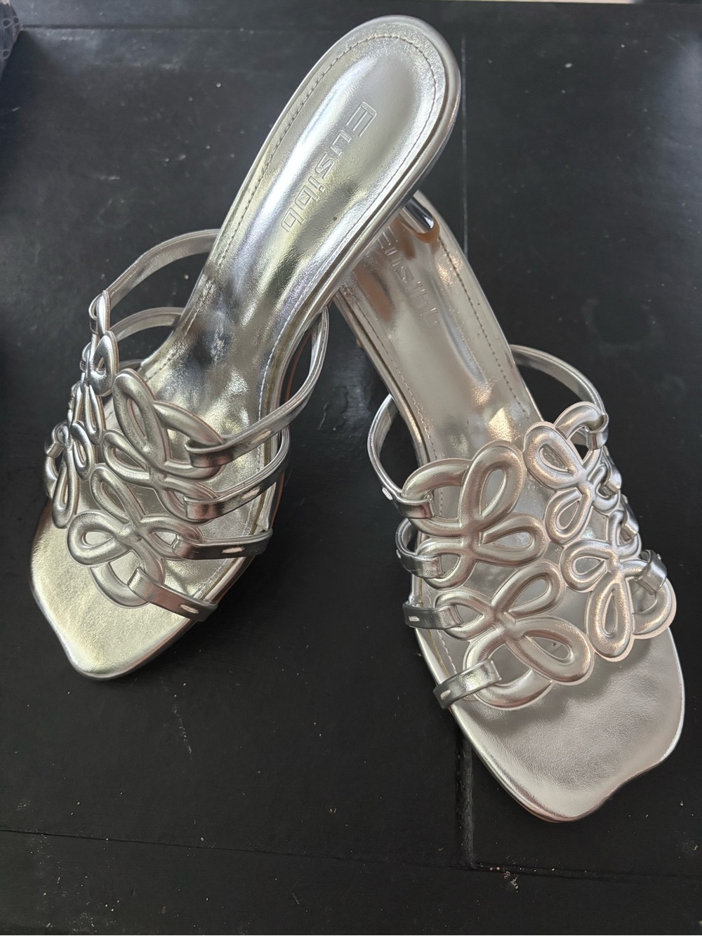 Vintage Metallic Silver Loop-Strap Heeled Slides - Women's